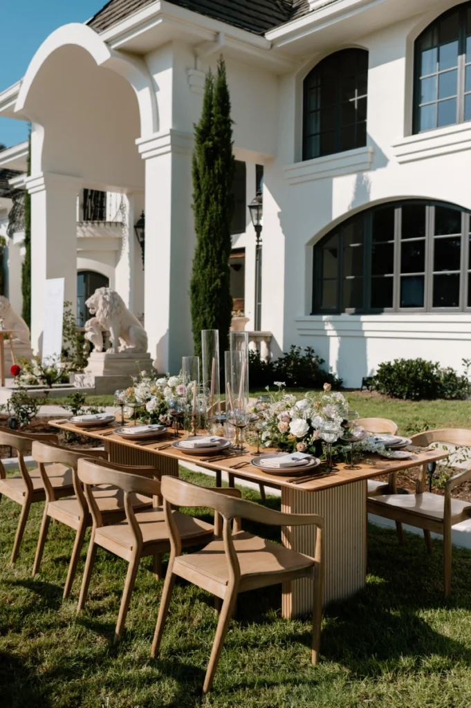Dining setup — Carlsbad Table, Nordic Armchair | Vogue Rentals
