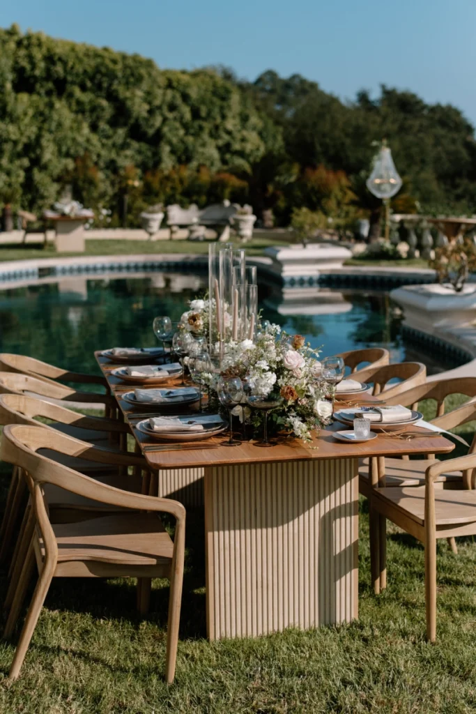 Dining setup — Carlsbad Table, Nordic Armchair | Vogue Rentals