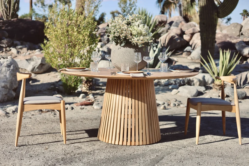 Dining setup — Joshua Table, Elara chair, Almanor Khaki | Vogue Rentals