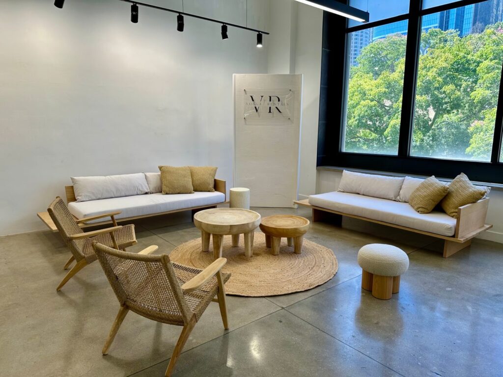Lounge setup — Muir Sofa, Golden Weave Pillow, Arroyo Woven Chair | Vogue Rentals