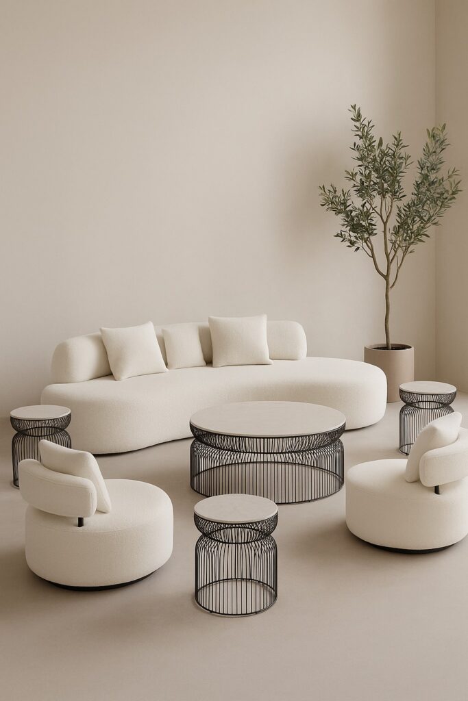 Lounge setup — The Mirage Sofa, Angeles Lounge Chair, Symphony Coffee Table | Vogue Rentals