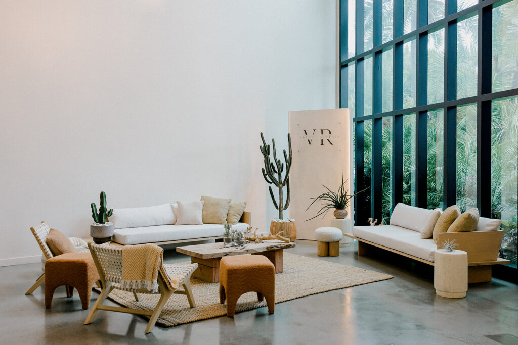 Lounge setup — Muir Sofa, Harmony Leather Chair, Persimmon Stool | Vogue Rentals