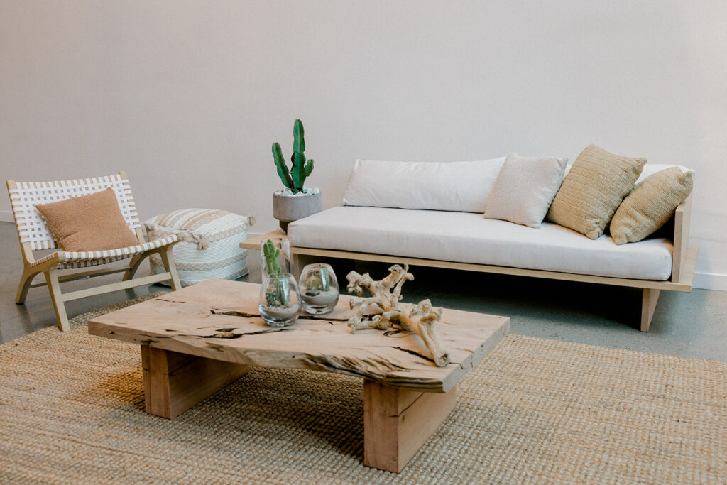 Lounge setup — Muir Sofa, Harmony Leather Chair, Handcrafted Farmhouse Jute Rug 8′ x 10′ | Vogue Rentals