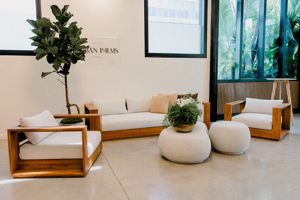 Lounge setup — Harmony Sofa, Aspen Lounge Chair, Tranquil Coffee Table | Vogue Rentals