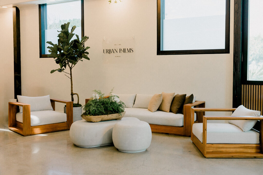 Lounge setup — Harmony Sofa, Aspen Lounge Chair, Tranquil Coffee Table | Vogue Rentals