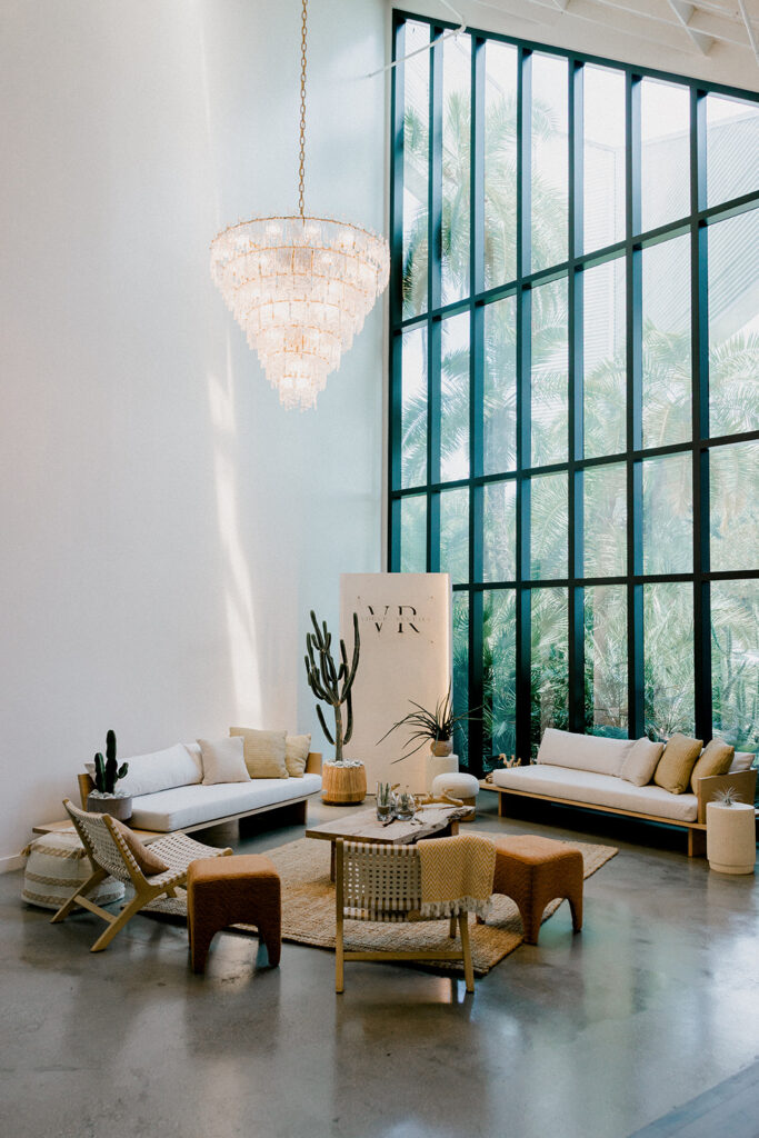 Lounge setup — Muir Sofa, Harmony Leather Chair, Nomad Nook Pouf | Vogue Rentals