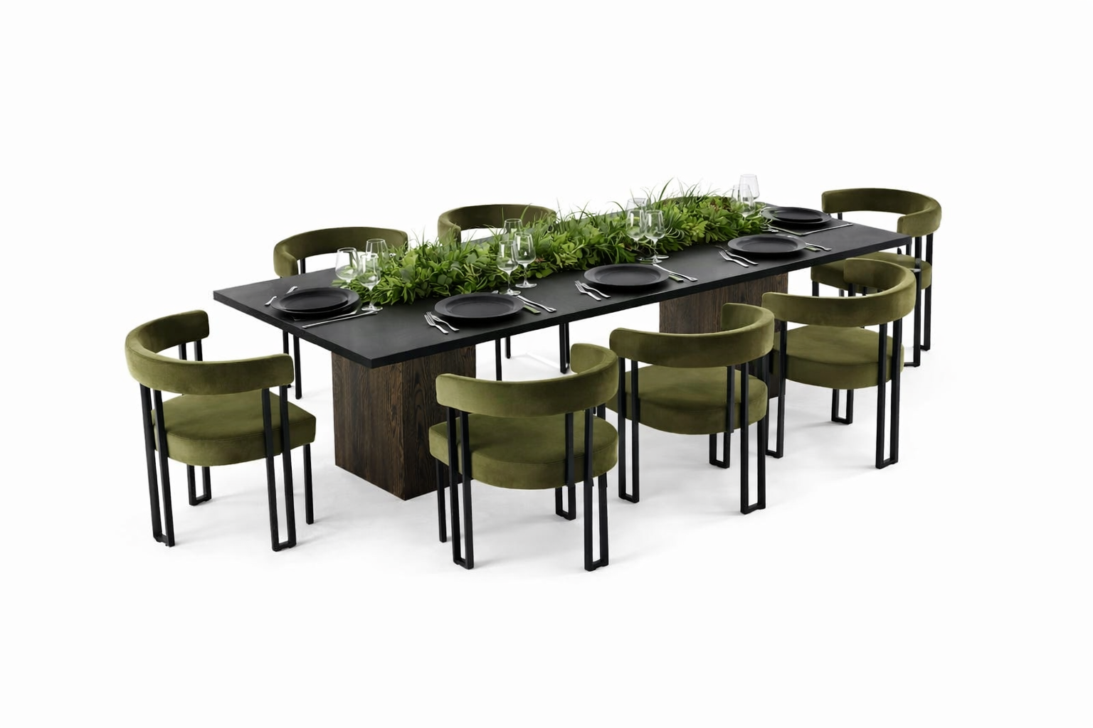 Black rectangular table + olive chairs