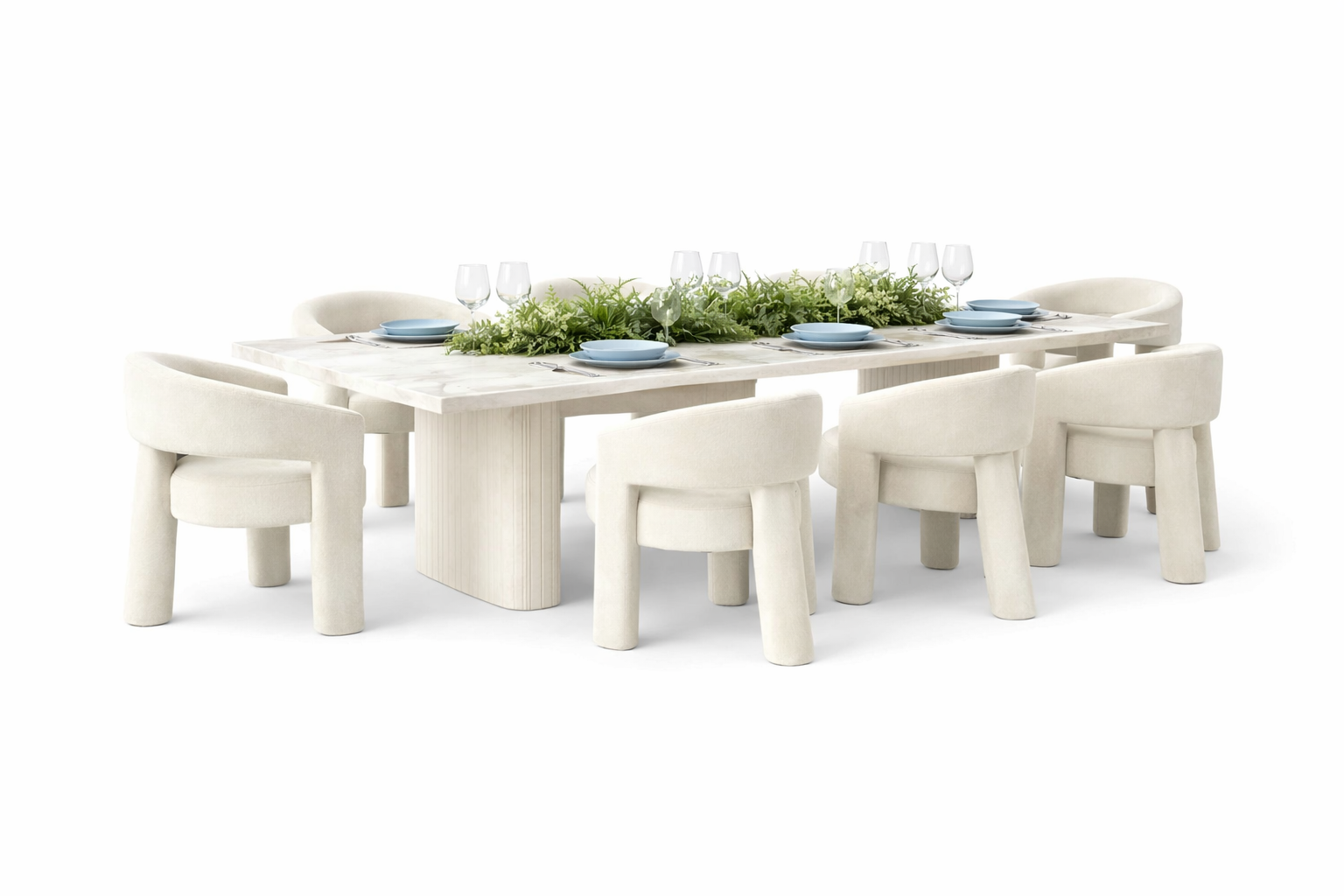 Light stone rectangular table + cream chairs