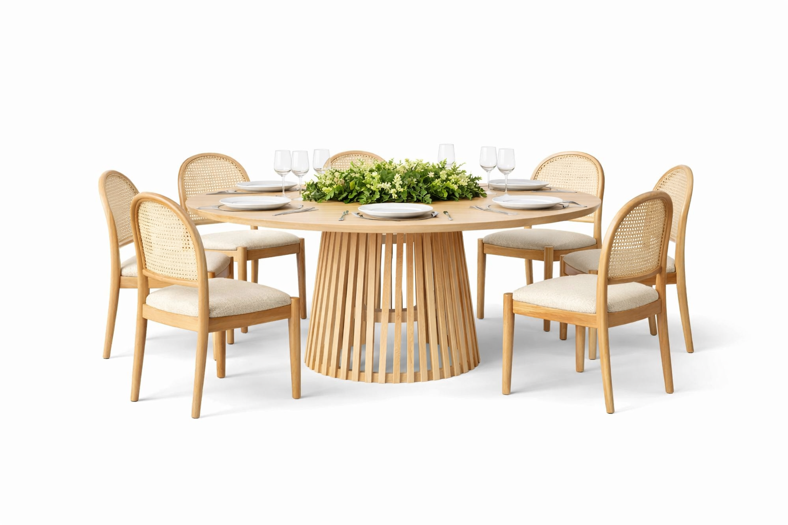 Natural round table + cane chairs