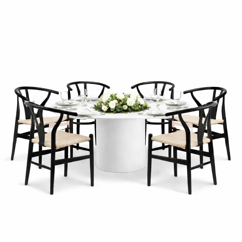 White round table + black chairs