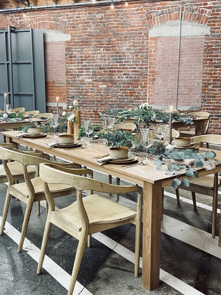 Dining setup — Yosemite Farm Table, Nordic Armchair | Vogue Rentals