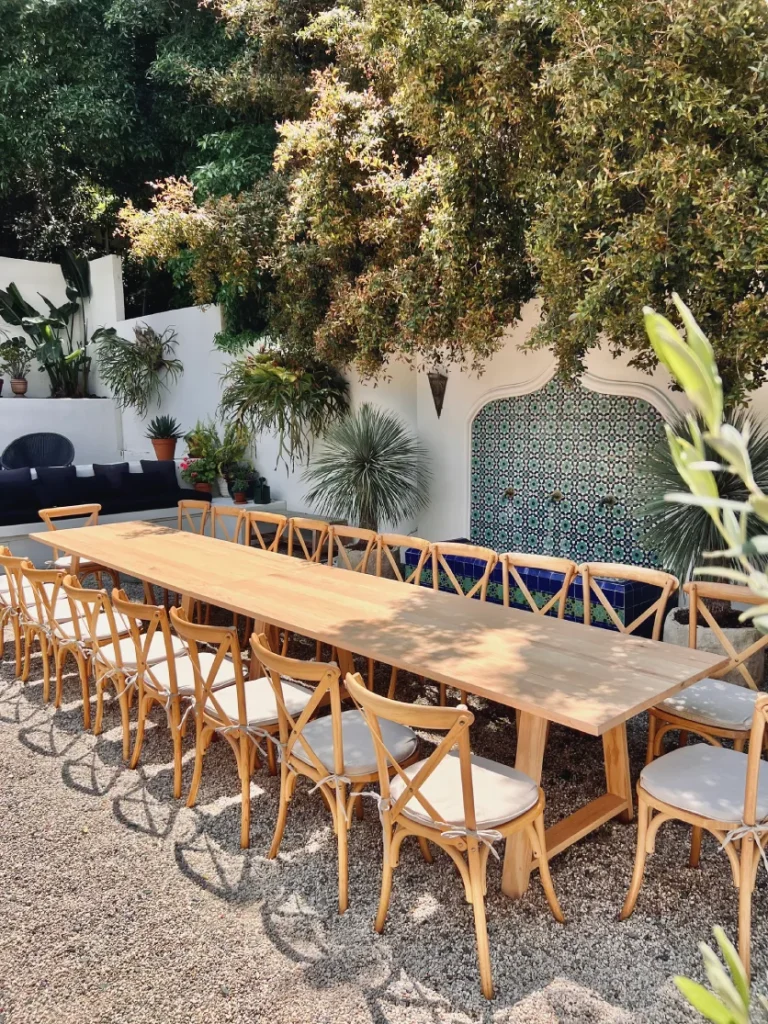 Dining setup — Catalina A-Frame Table, Cross Back Vineyard Chair | Vogue Rentals